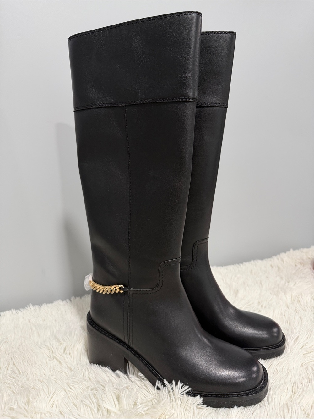 MICHAEL Michael Kors Black Leather Over-the-Knee Boots with Gold Chain Accent